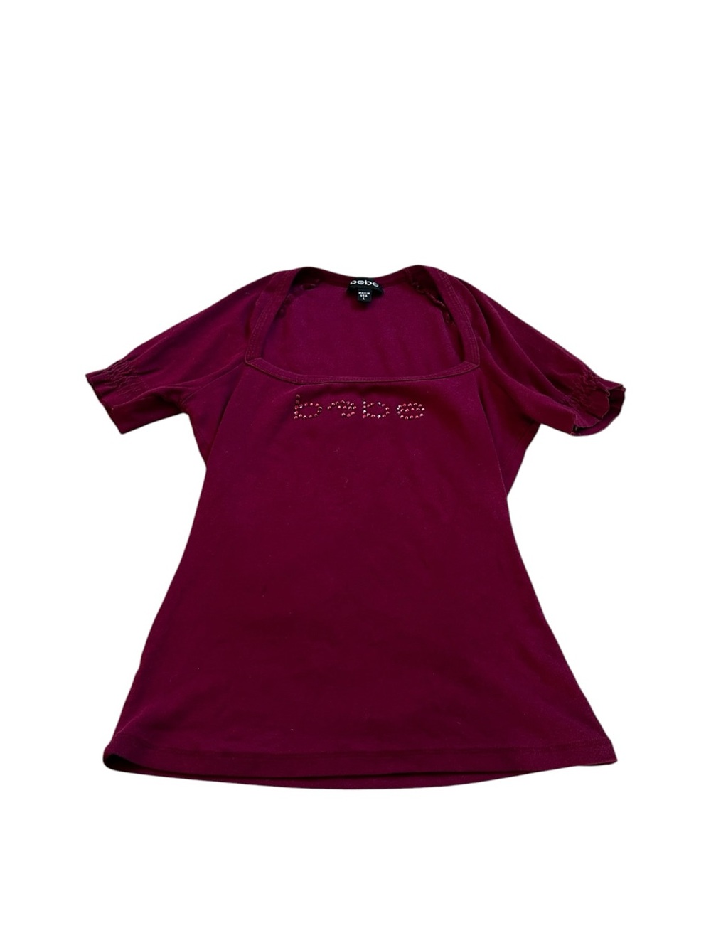 Bebe Square Neck Fitted Baby Tee Rhinestone Logo Y2K Bling Boho Chic Coquette